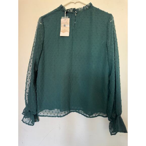 SIMU Women’s Casual Green Dot Texture Blouse, Round Neck Ruffle, Size Small - Picture 4 of 6